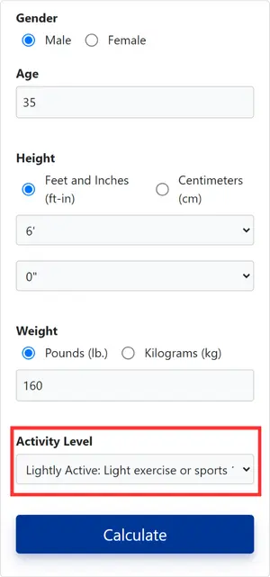 Maintenance Calorie Calculator activity level input field Maintenance Calorie Calculator interface with activity level input field